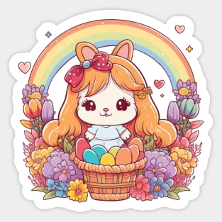 Easter Bunny Girl In Basket. Spring Flowers and Easter Eggs, Rainbow Sticker